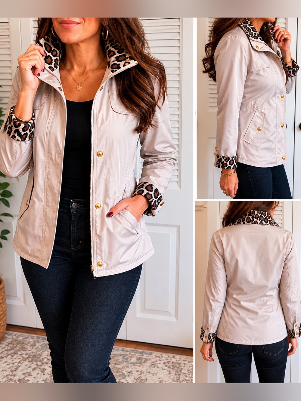 Cynthia Rowley Leopard Lined Rain Jacket Windbreaker Beige Gold Snap Zip Size S